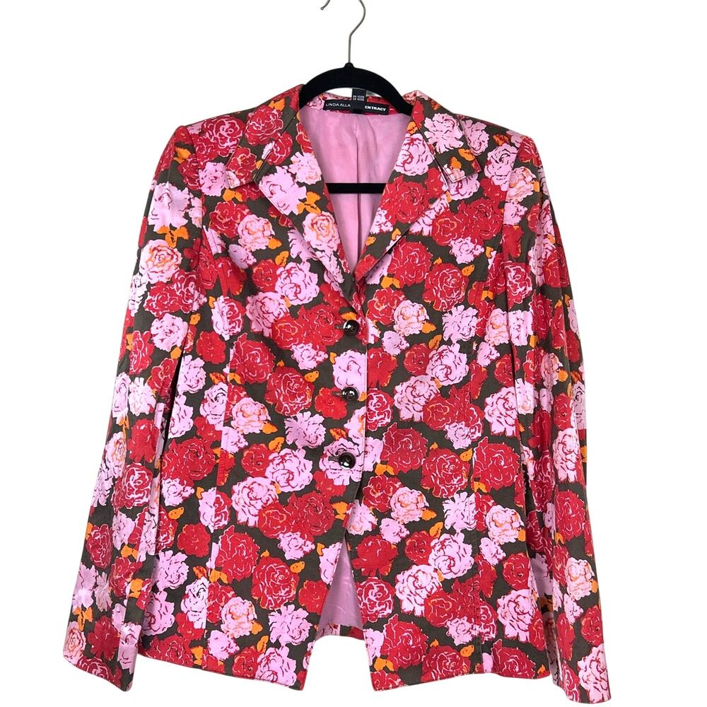 Linda Allard Ellen Tracy Womens 4 Red Pink Floral Silk Tailored Blazer Jacket